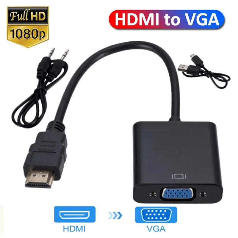 1080P HDMI-compatible to VGA Adapter Cable with 3.5mm Audio Power Supply Male to Female Converter for TV Box PC Projector Laptop