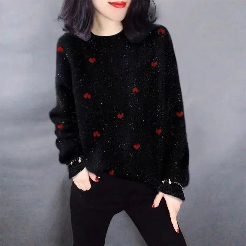 Fashion Knitted O-Neck Spliced Korean Sweater Women\'s Clothing 2023 Spring New Casual Pullovers Loose All-match Warm Tops