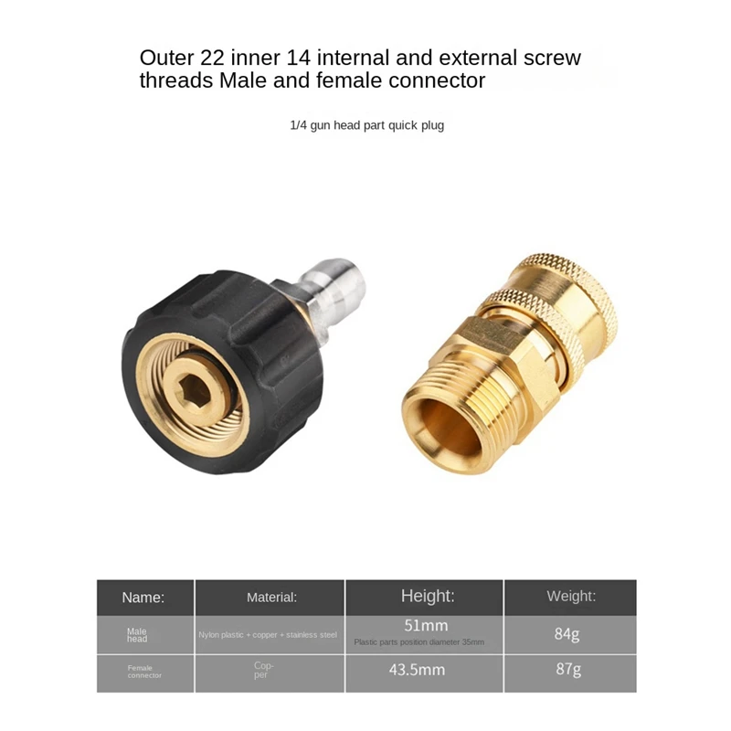 Pressure Washer Adapter Kit M22-14 Mm Swivel 1/4 Internal External Thread Push-In Connector