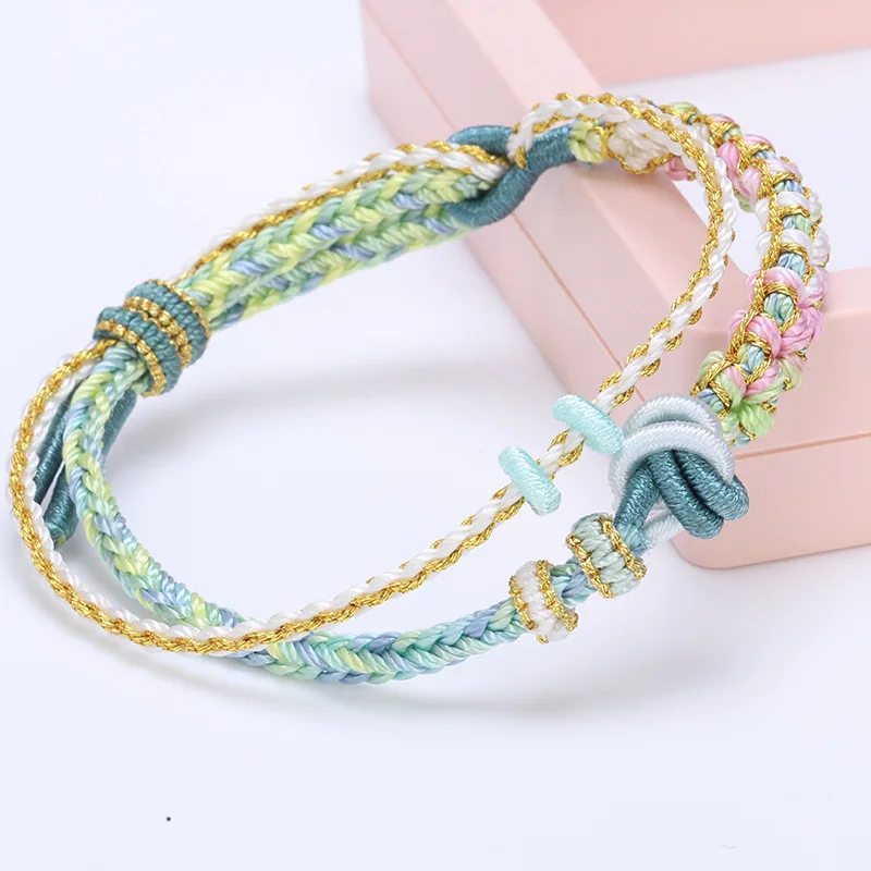 Chinese Style Auspicious Double Layer Handmade Braided Rope Bracelet Adjustable Good Luck Fortune Blessing Diy Beaded String Jew