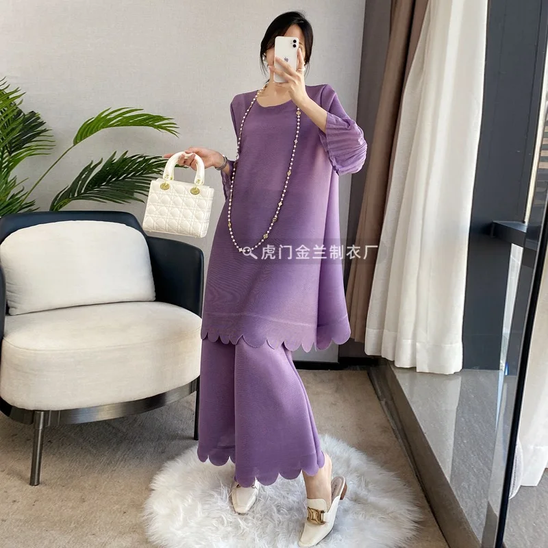 

YUDX Miyake Sanzhai Pleated Fashion Suit Women's Spring and Summer New Style Women's Beaded Technology Loose Top Wide Leg Pants