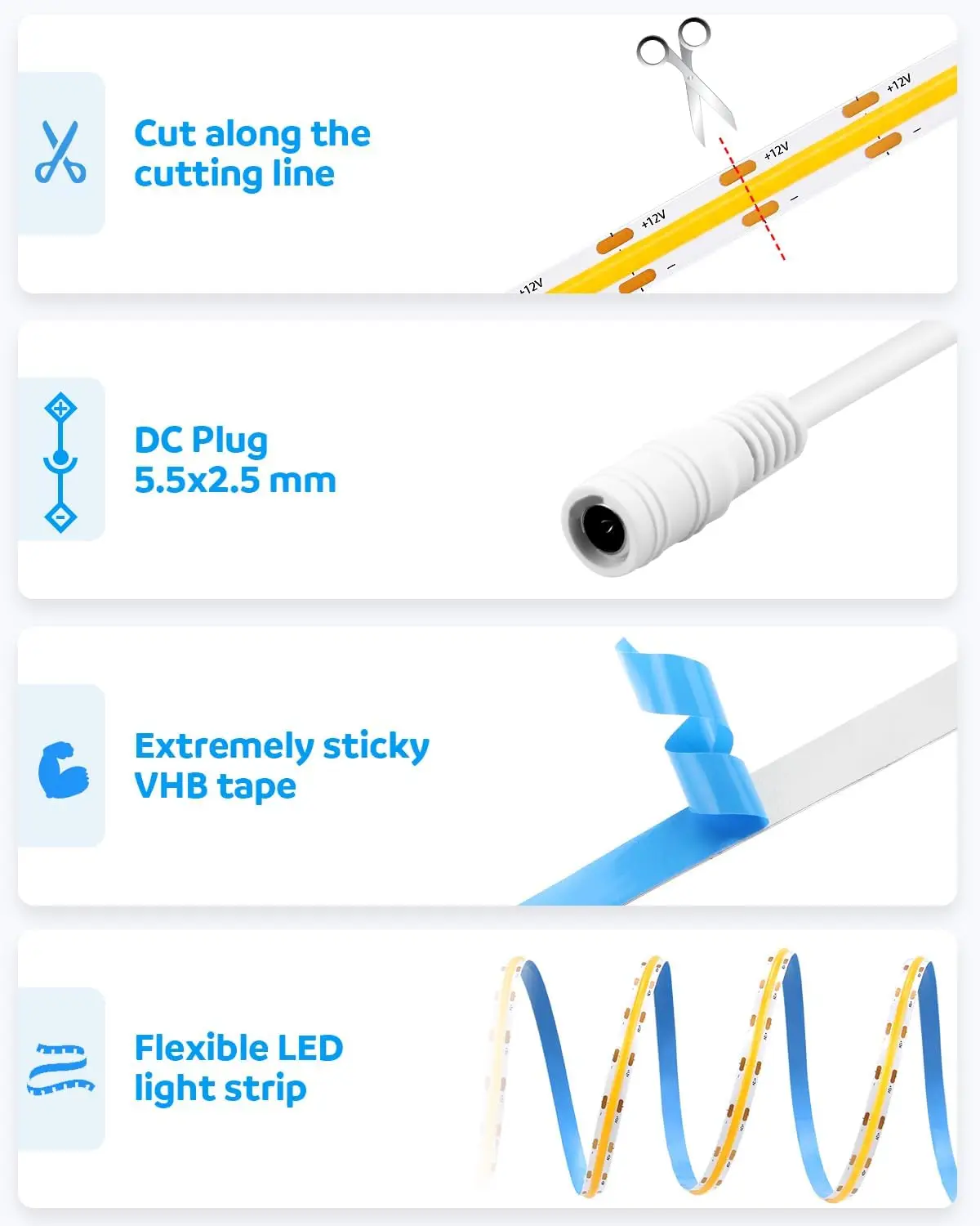 Striscia LED dimmerabile USB DC5V, barra luminosa COB bianca calda 3M, utilizzata per l'illuminazione domestica.