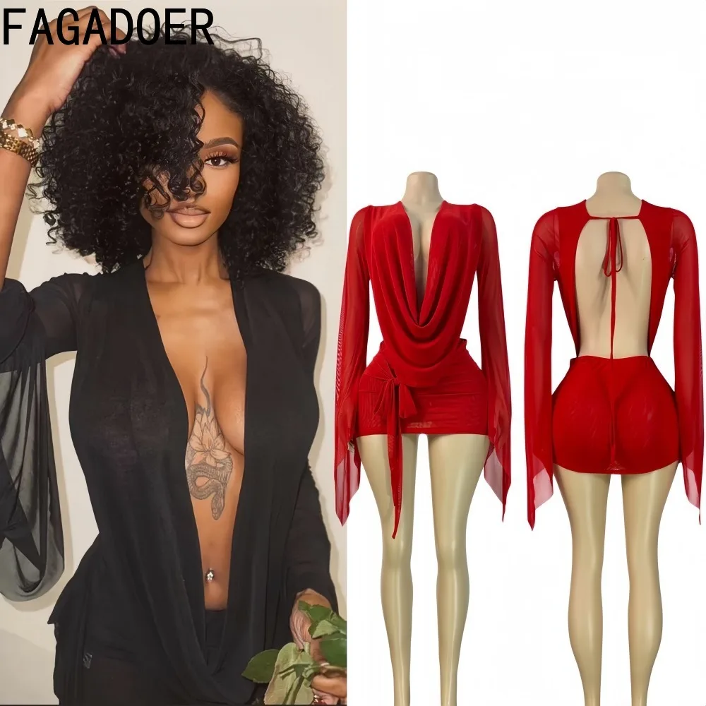 

FAGADOER Sexy Mesh See Through Bodycon Dresses for Woman Deep V-neck Flare Sleeve Backless Dress Female Streetwear Vestidos New