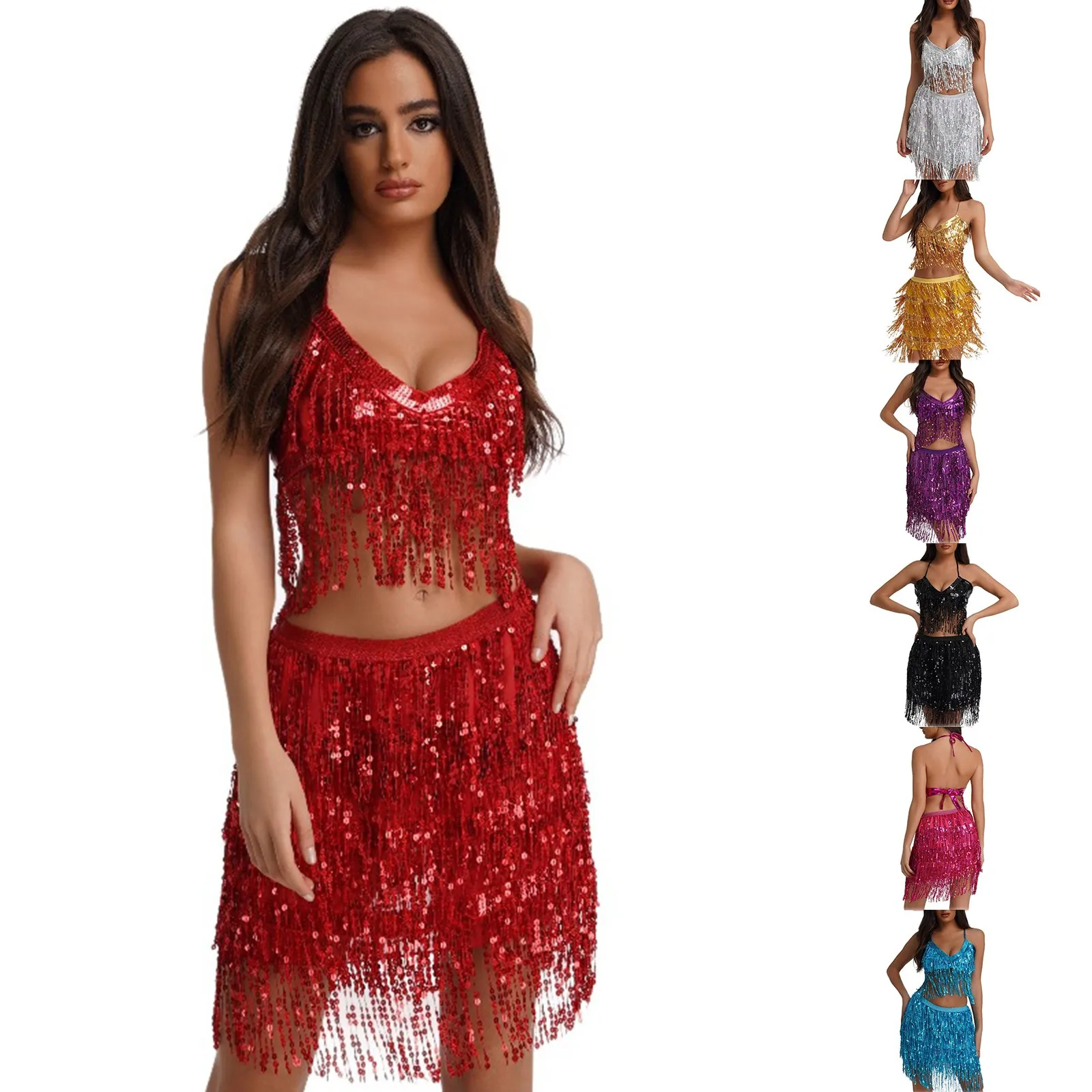 2024 Carnival Sexy Fashionable Dance Skirt Set Women's Solid Color Sexy Summer V-Neck Tassels Tops Skirt Performance Costume