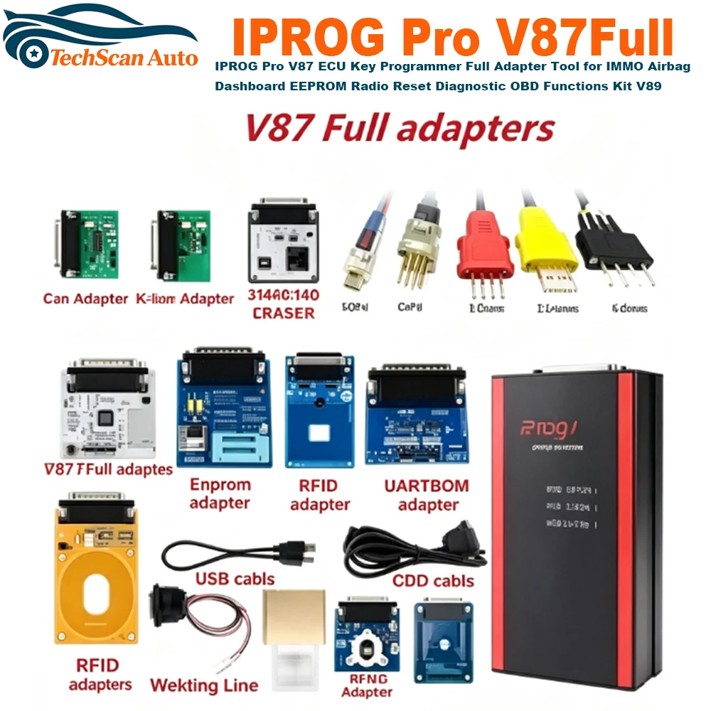 IPROG Pro V87 ECU Key Programmer Full Adapter Tool for IMMO Airbag Dashboard EEPROM Radio Reset Diagnostic OBD Functions Kit V89