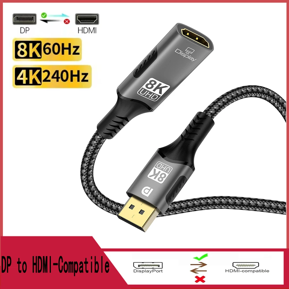 Display Port Male to HDMI Female Converter DP to HDMI-Compatible Adapter 8K@60Hz 4K@240Hz For PC HD TV Laptop Monitor Projector