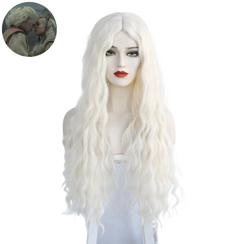 

Rhaenyra Targaryen Role Wig TV Drama House of The Dragon Half A Year Queen Character Wig Cover Ball Woman White Long Curly Hair
