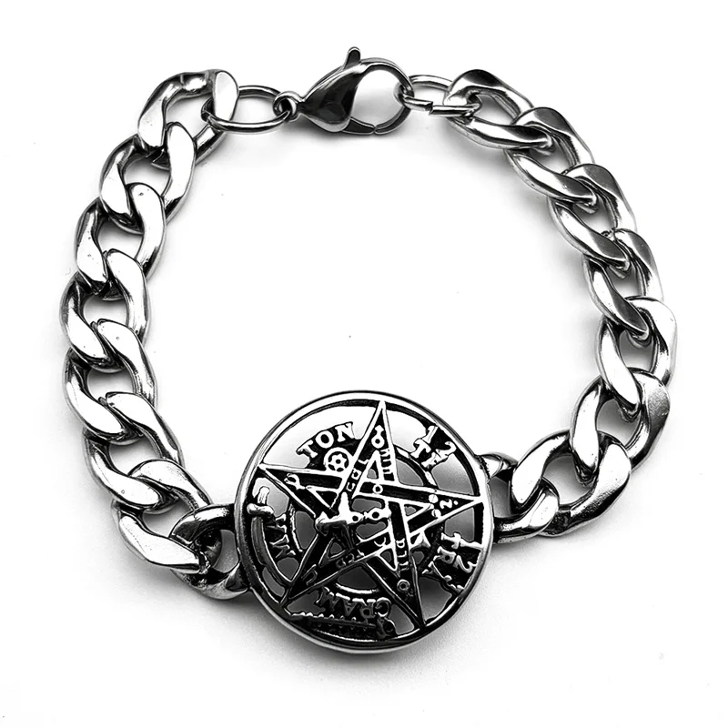 Tetragrammaton Pentagram Amulet Bracelet for Women Men Stainless Steel Jewish Israel Tetagramaton Puck Hand Chain Jewelry Gift