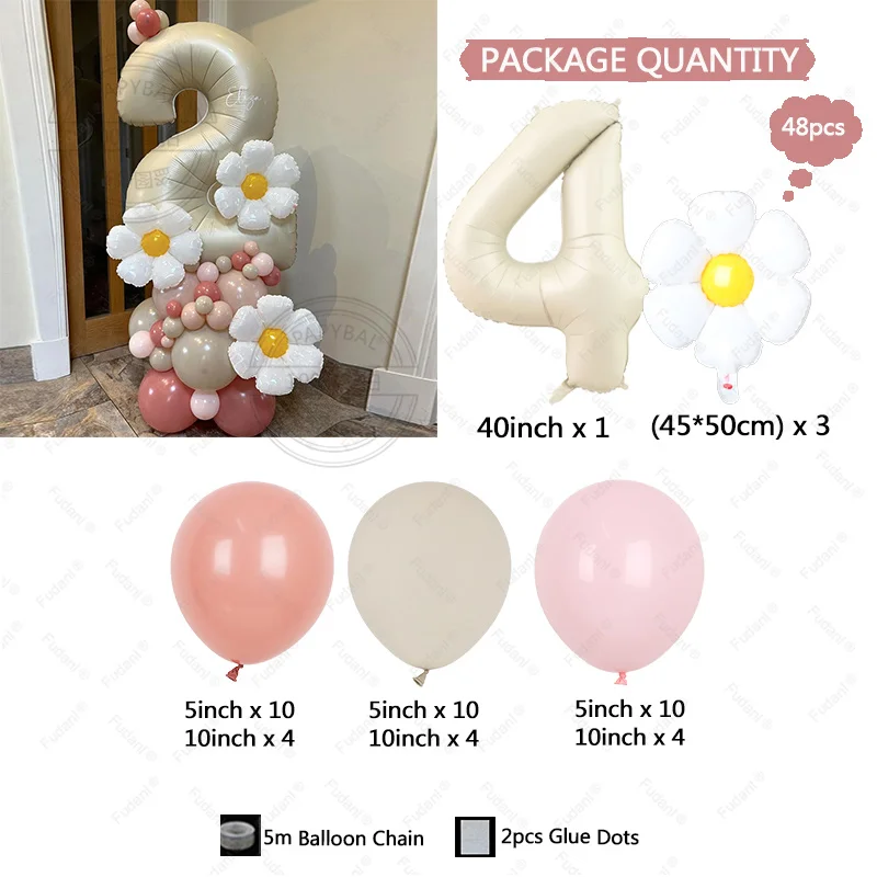 48pcs Fresh white daisy flower milk white aluminum film digital balloon column retro pink latex ball children\'s birthday giftset
