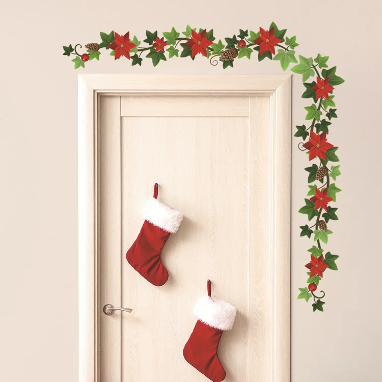 Weihnachtsblumen-Ranke Tannenzapfen Wandaufkleber Wohnzimmer Hintergrund Dekor Wandbild Neujahrsdekoration Selbstklebende Türkopf-Dekorationen – Detail 2