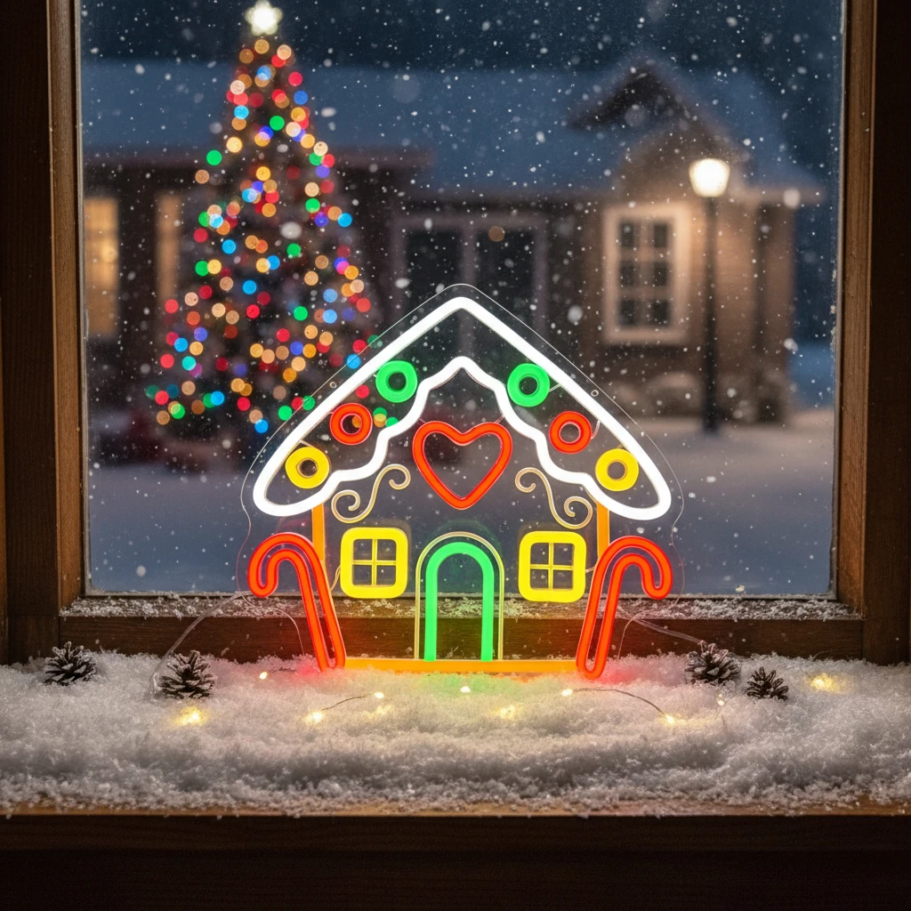 Merry Christmas Neon Sign USB Powered -Gingerbread Houses Energy-efficient  for Home Window Wall Hanging Christmas Decor