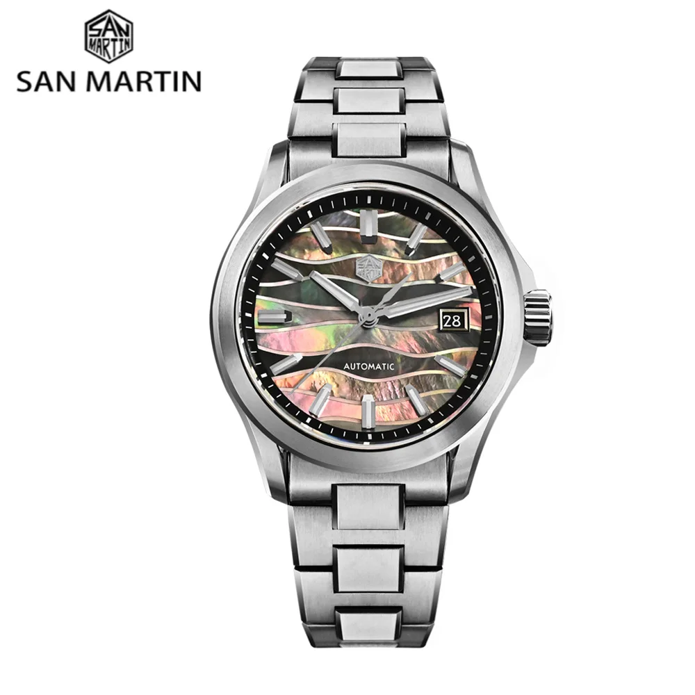 San Martin 39mm Miyota 9015 Splicing MOP Dial Luxury Dress Automatic reloj 3H Date BGW-X1 Lume OTF Clasp Waterproof 100M SN0150