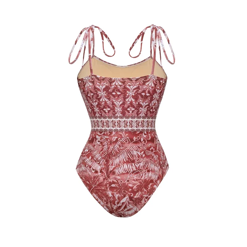 Flaxmaker Sexy Tie-up brown Retro Forest Print One Piece Swimsuit and Skirt Party Swimwear Ladies Vintage Printed Bathingsuit