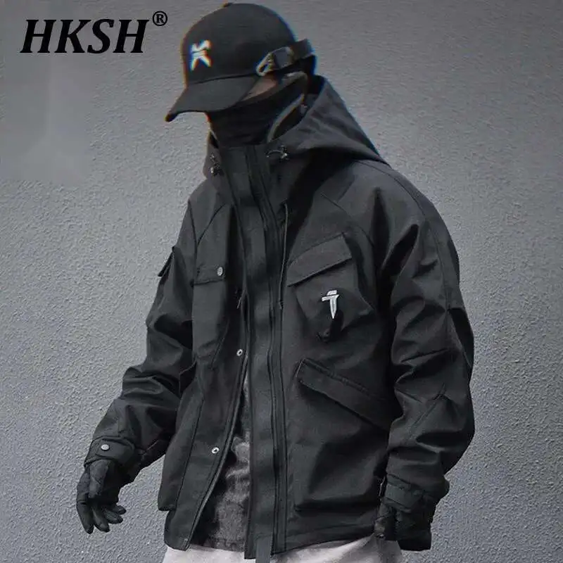HKSH 2025 Spring New Men Tide Dark Techwear Functional Multi Pockets Heavy Jackets Women Loose Casual Hooded Zipper Coats HK3831