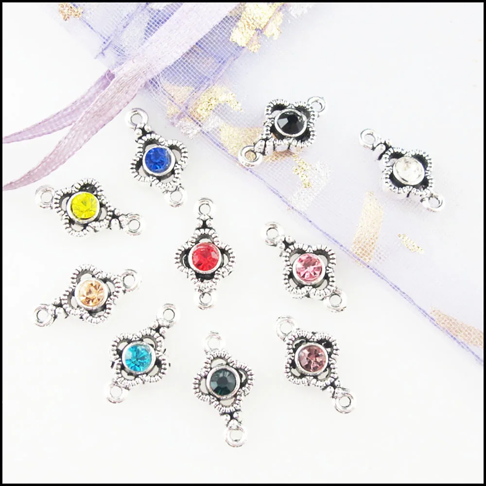 Fashion 30Pcs Mixed Crystal Tibetan Silver Plated Clover Flower Charms Connectors 8x15mm