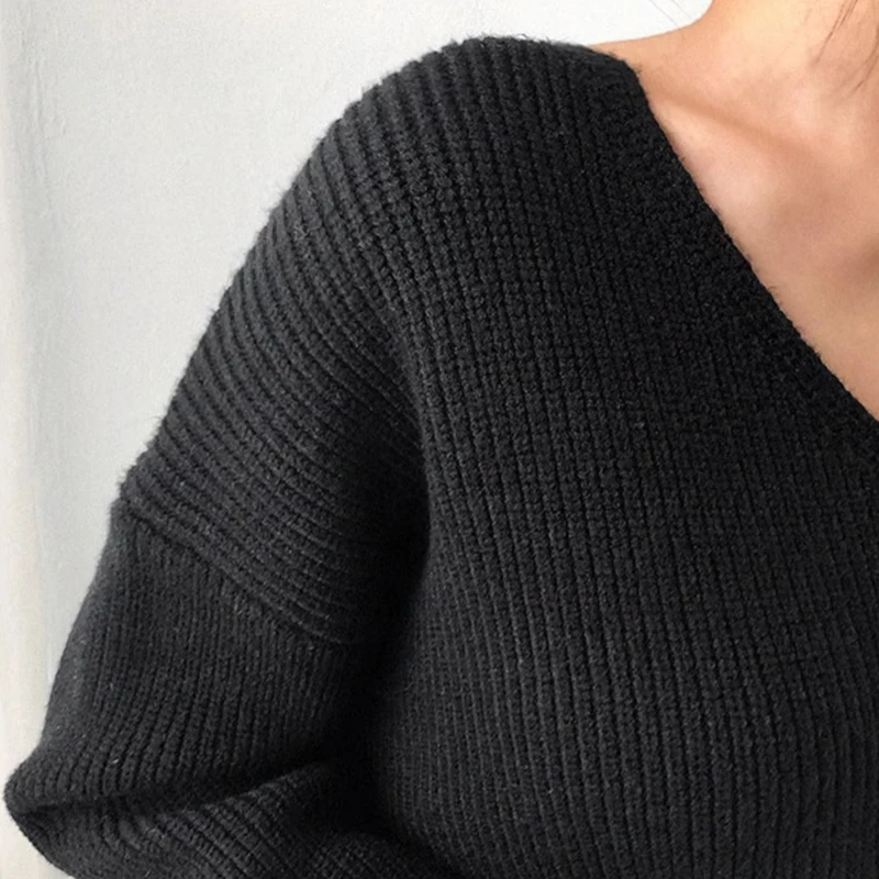 Autumn Winter Fashion  V-Neck Knitted Solid Women Sweater Elegant Tops Casual Loose Soft White Pullover Clothes Femme