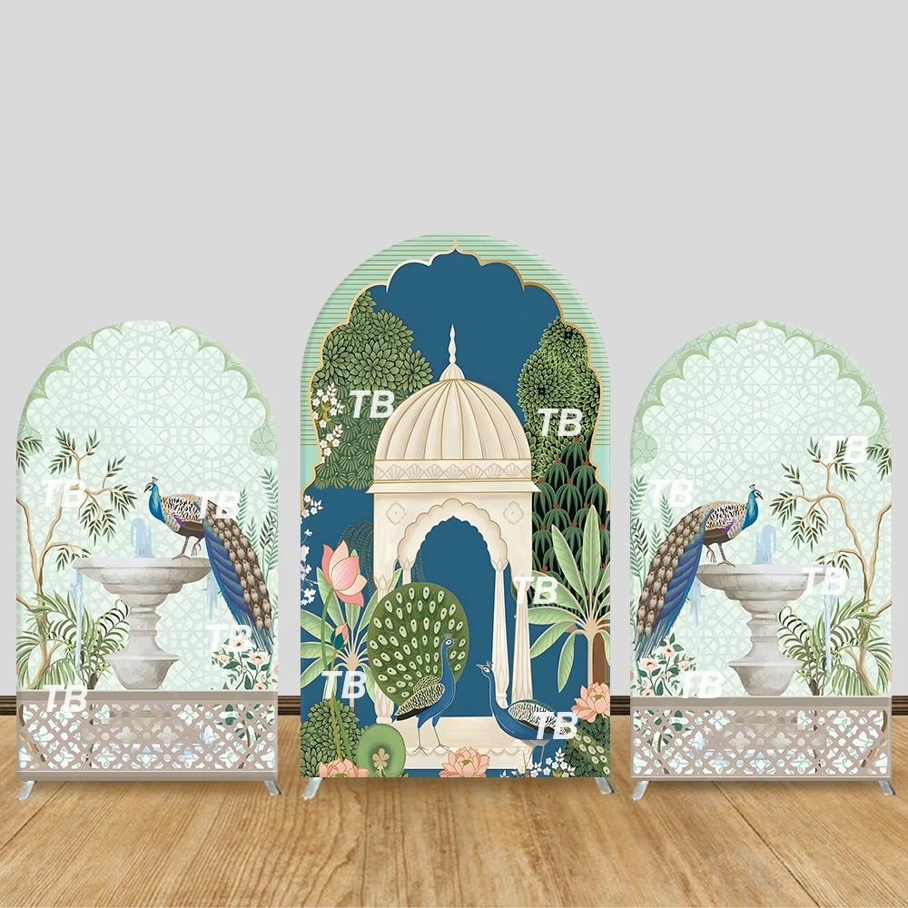 

Peacock & Pavilion Arch Backdrop Cover Exotic Garden Theme Party Decor Photo Booth Background Luxury Event Supplies