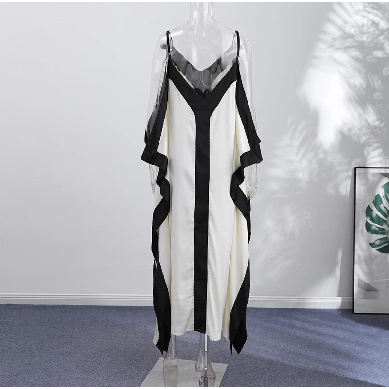 Contrast Black Trim Satin Maxi Dress Deep V Neck Loose Flowy Ruffle Hem Lady Long Gown 2026 Summer Formal Chic Vacation Dresses