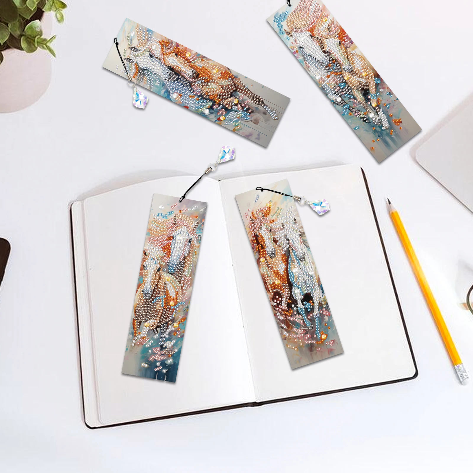 4PCS Diamond Art Painting Bookmarks,DIY Colorful horses Crystal Diamond Art with Diamond Pendant Handmade Reading Bookmark Gift