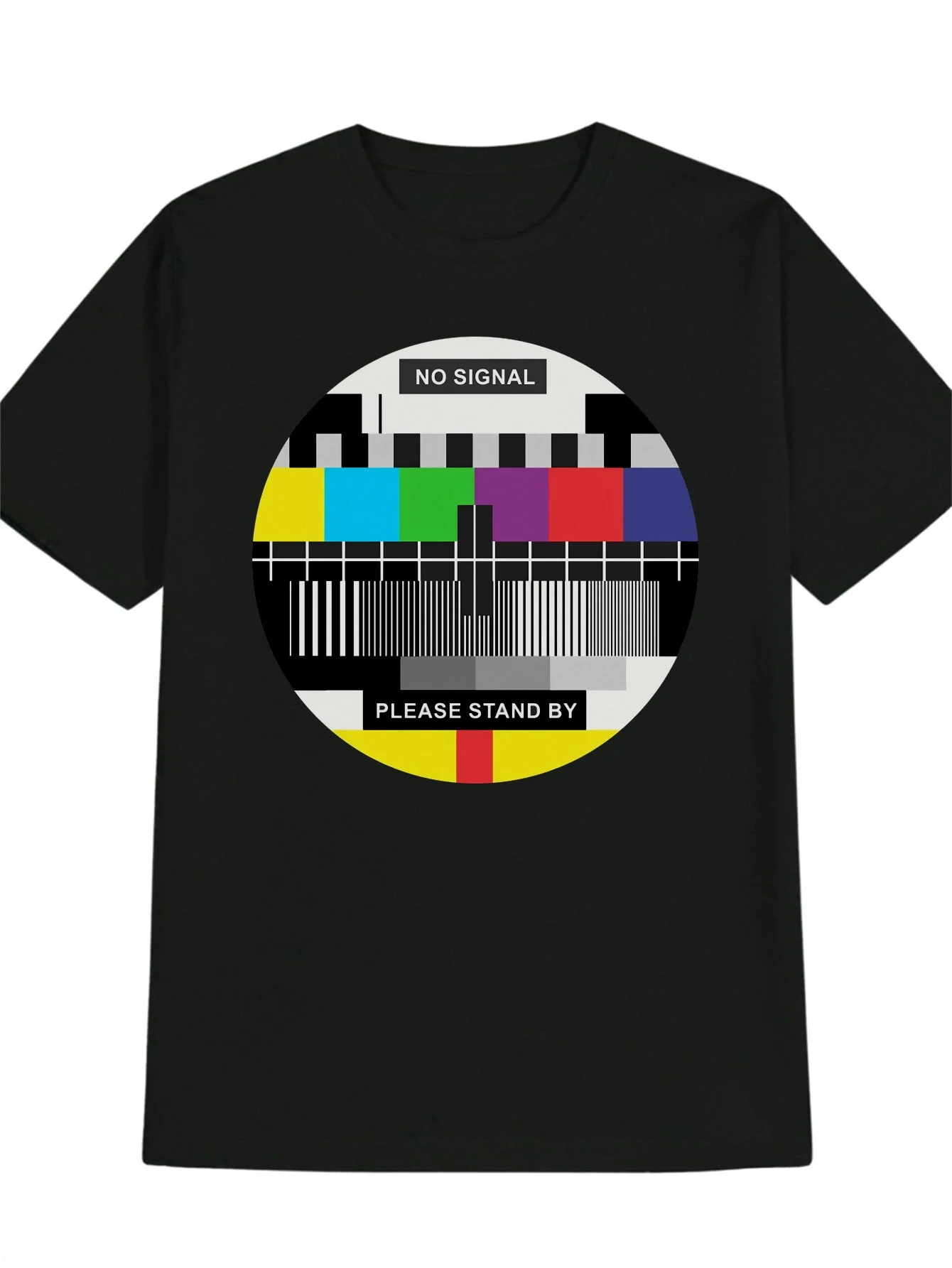 Men's Retro TV Static Noise T-Shirt NO SIGNAL Vintage TV Tuner Design with Channel Bars TV Test Pattern