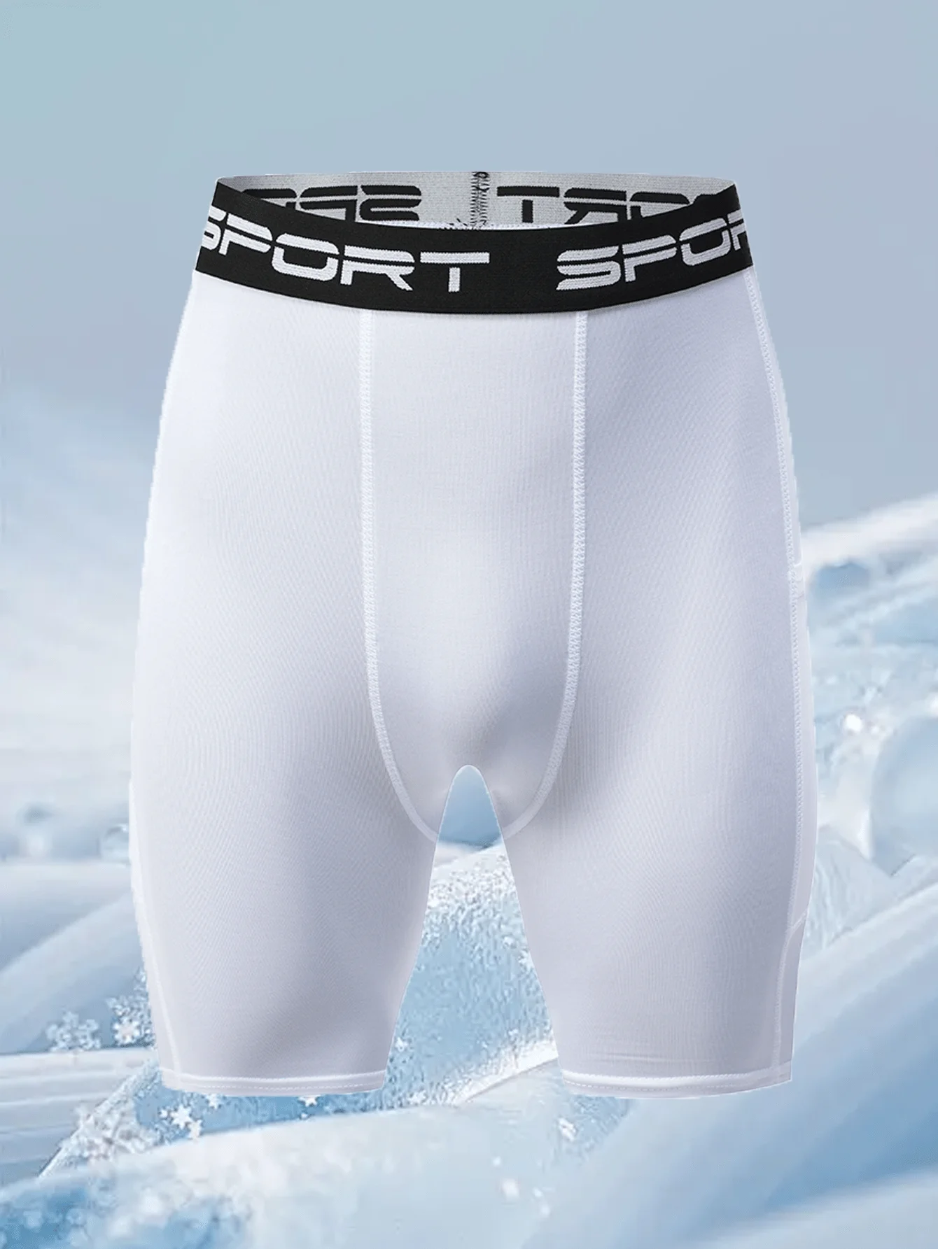 

White Mens Compression Shorts, Polyester Spandex Blend, Sport Waistband, For Running, Gym, Cycling, Yoga, Hiking, All-Season Use