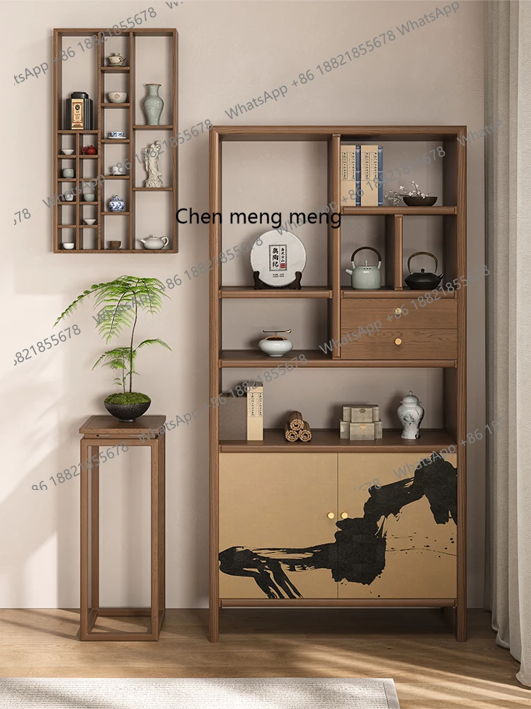 

Bogu frame solid wood new Chinese tea cabinet shelf tea set shelf tea room integrated against the wall