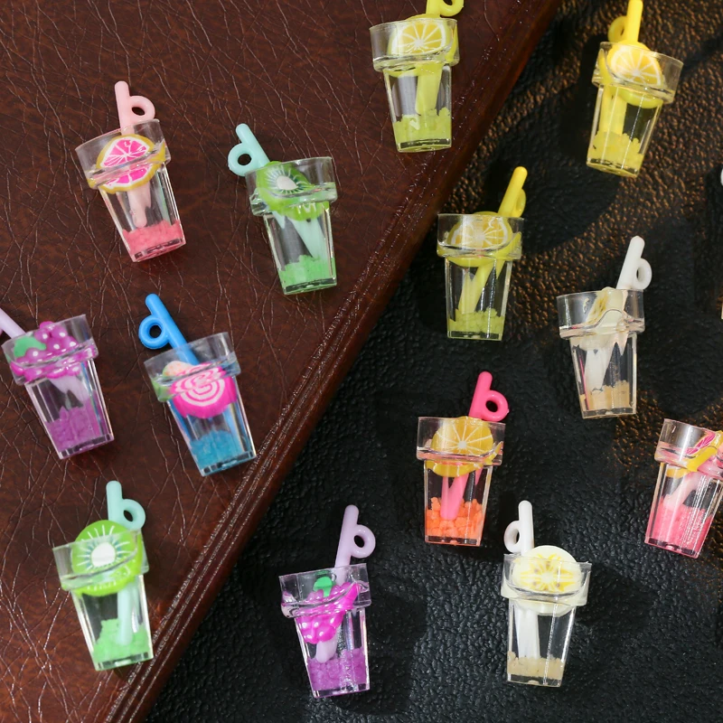 10pcs/lot Fruit Lemon Luminous Resin Bottles Cup Charms Pendant DIY Keychain Bracelet For Jewelry Making Accessories