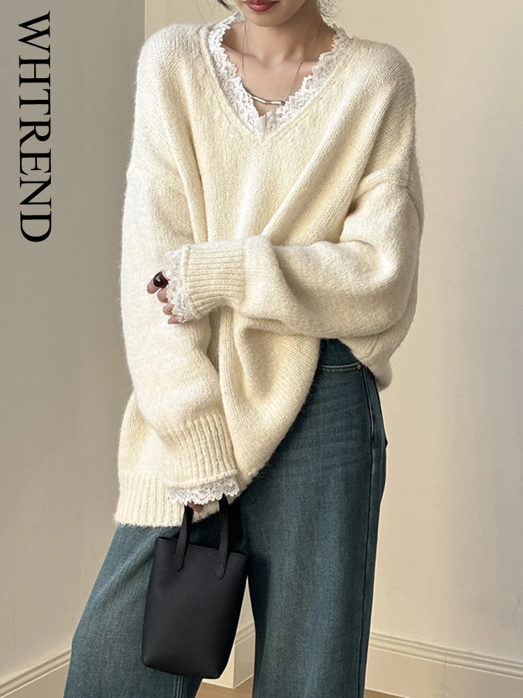

WHTREND свитер с кружевной отделкой для женщин, v-образный вырез, длинные рукава, свободный мягкий вязаный пуловер, осень-зима 2022, новая мода, теплый WH1832