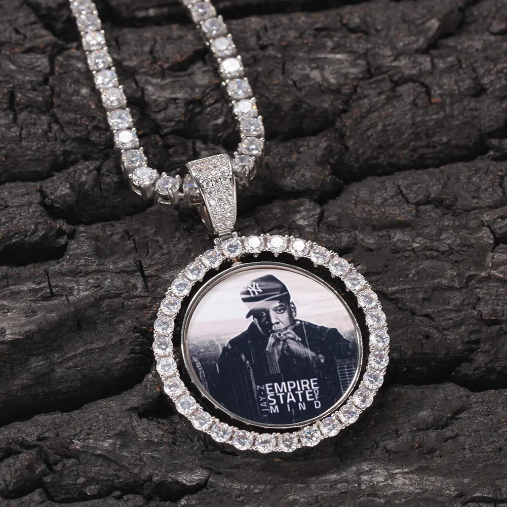 Chinese Style Auspicious Lucky Rotatable Double Sided Custom Photo Pendant Brass Inlaid Shiny Zircon 24 Inch Twisted Chain Unise