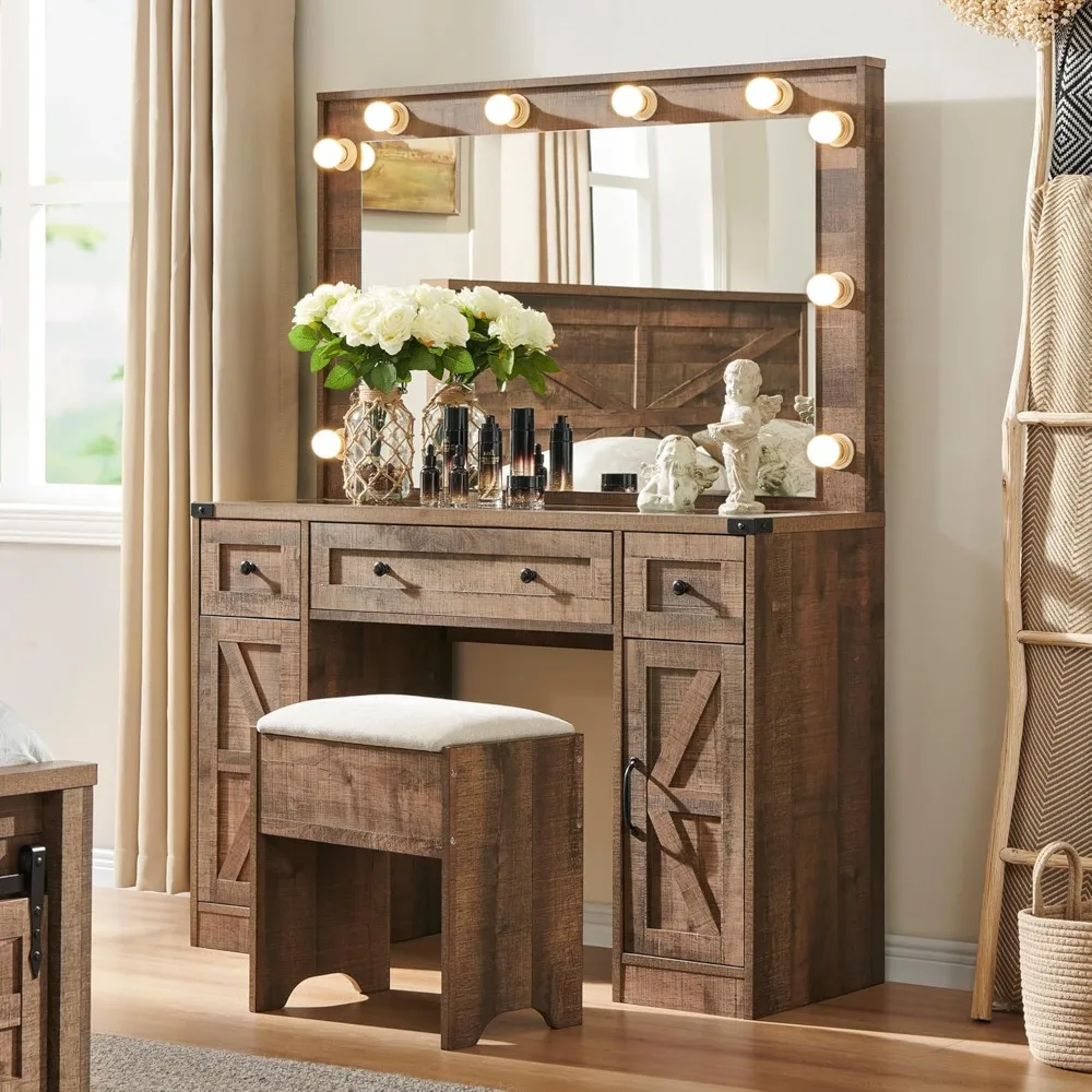 

43" Farmhouse Vanity Desk - Glass Top Makeup Table w/ Mirror, Lights, 3 Drawers & Shelves"