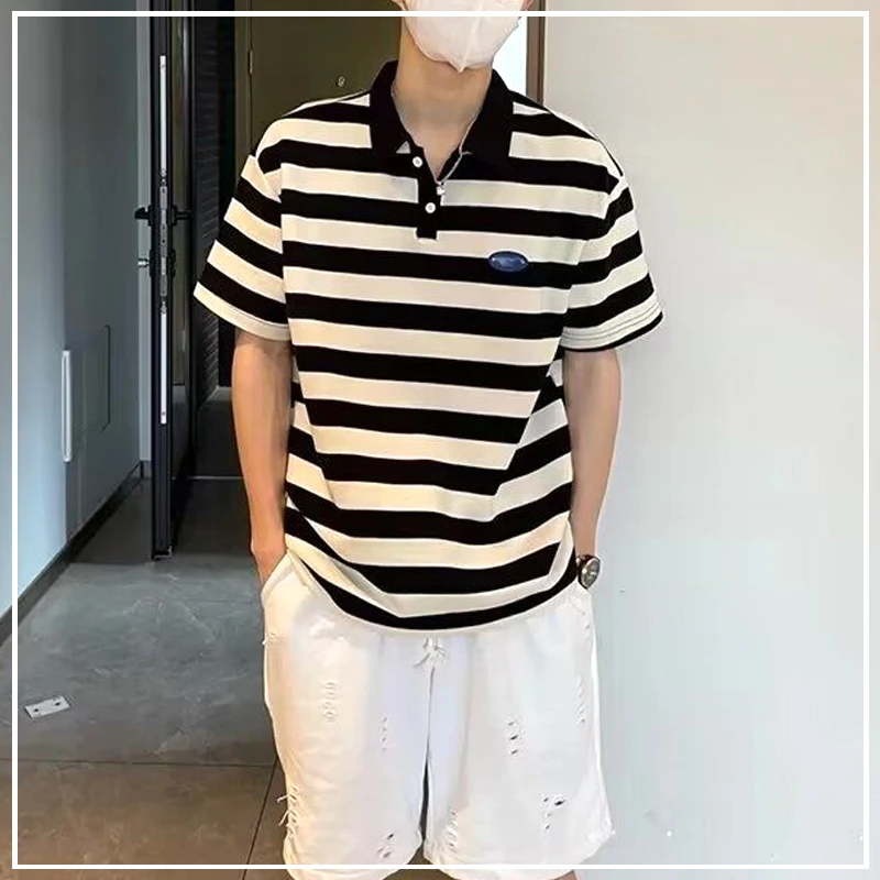 

2024 New Summer Fashion Trend Simple Casual Loose and Lazy Striped Printed Versatile Short Sleeved POLO Shirt for Men