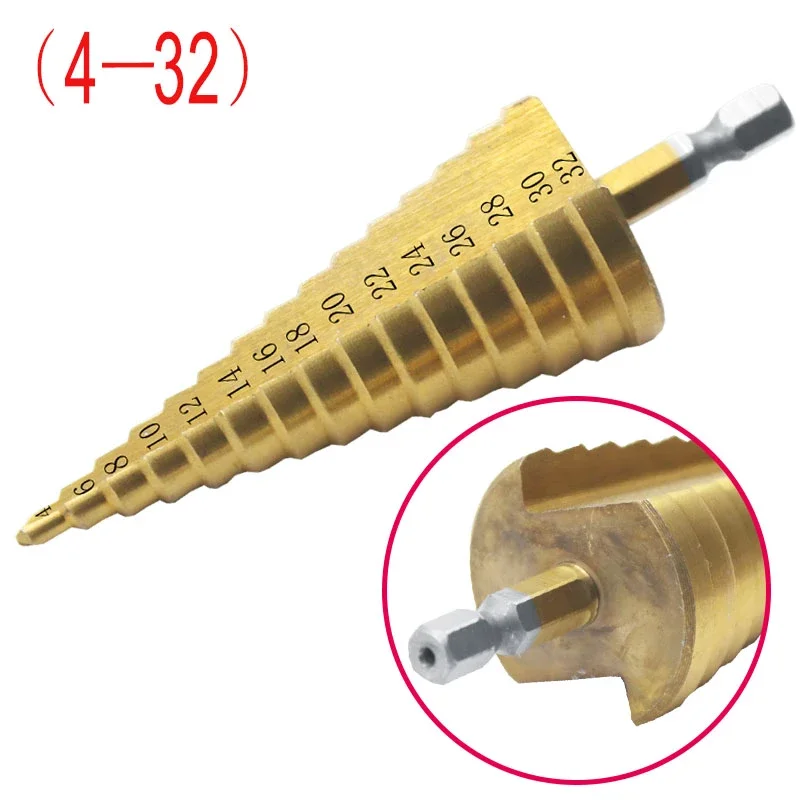 Broca de titânio 3 tamanhos 4-12 4-20 4-32 hss, ferramentas elétricas de perfuração, metal, aço de alta velocidade, cortador de buraco de madeira, broca cônica