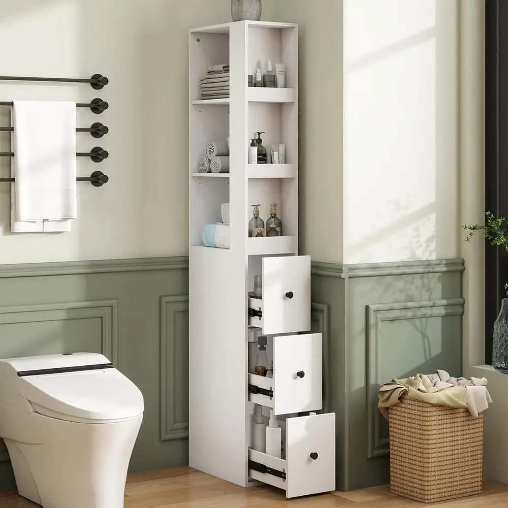 Tall Narrow Bathroom Storage Cabinet with Side Rack & Ders | 3-Level Adjustable Shelves, Slim ree Standing Space Saver Organizer