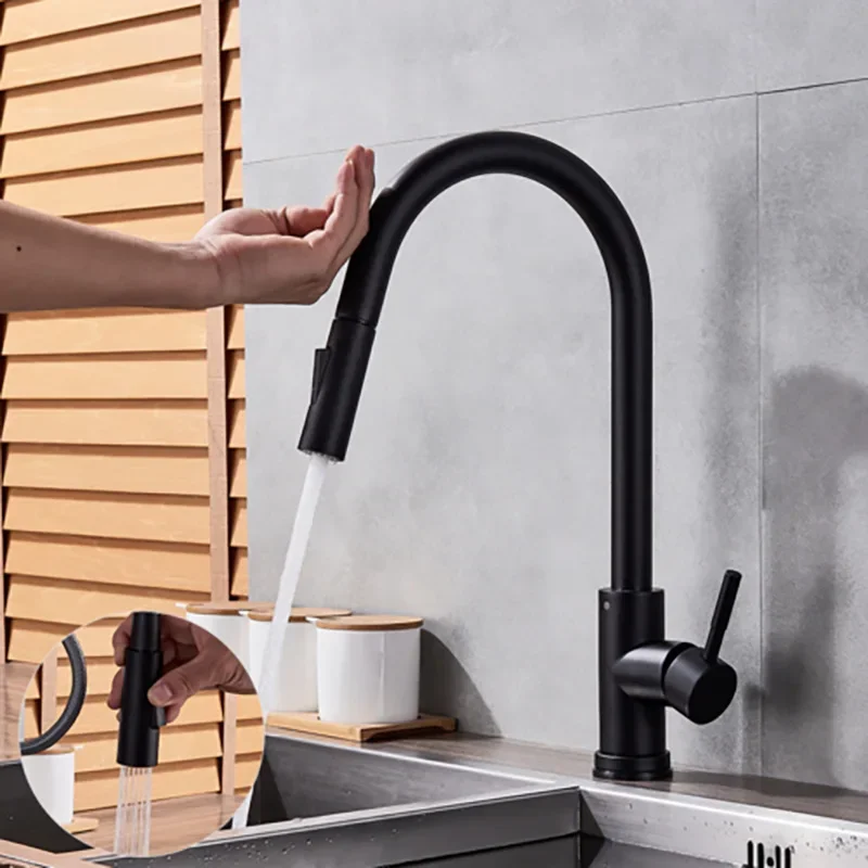 Black Pull Out  Sensor Kitchen Faucets Stainless Steel Smart Induction Mixed Tap Touch Control Sink  Torneira De Cozinha