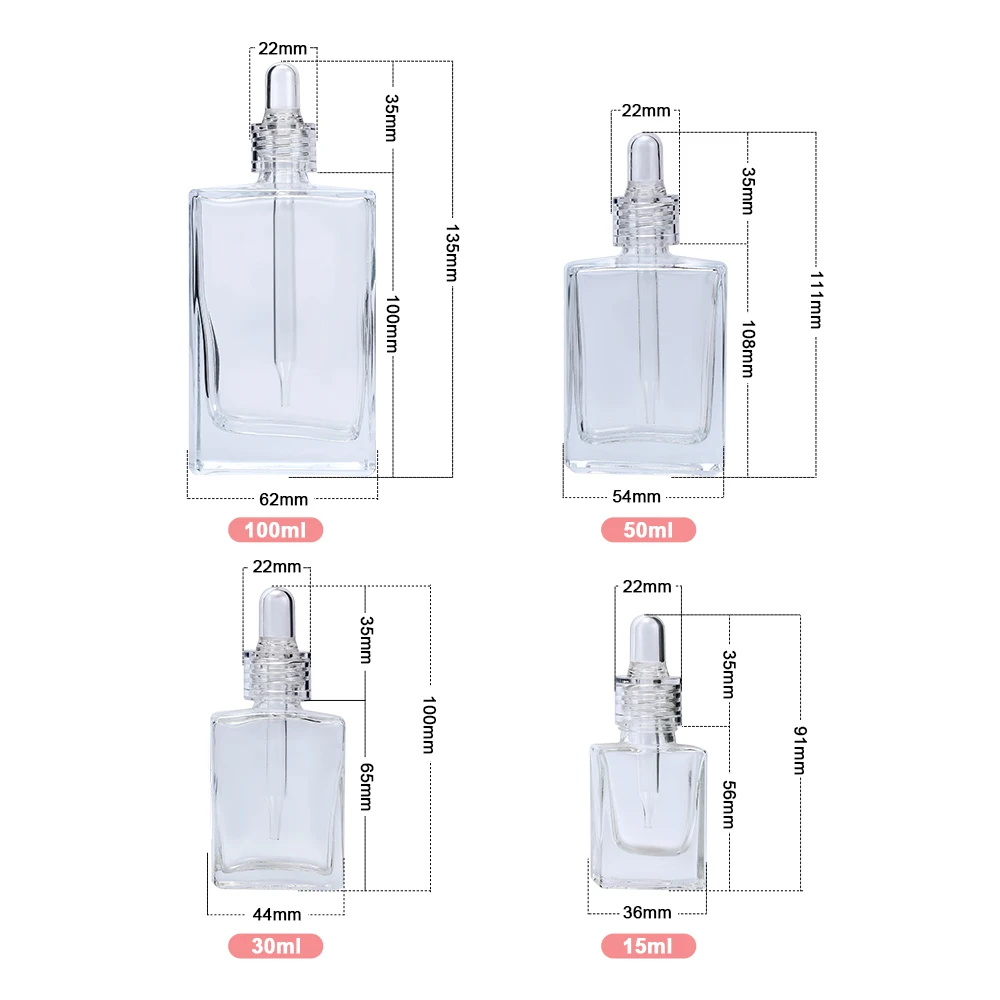 15ml luxury Manufacturer empty 30ml 50ml 100ml square rectangle glass perfume dropper bottle with clear rubber head essential