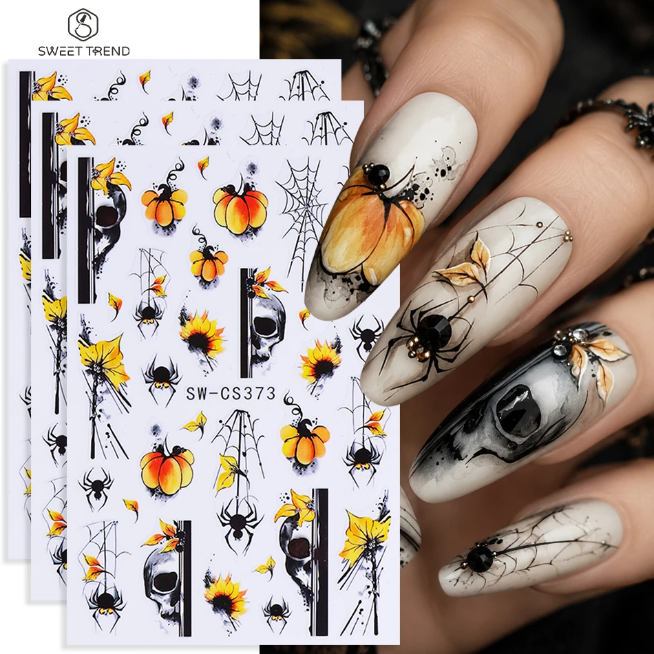 3 Stück Halloween-Nagelaufkleber Y2K Dark Skull Spider Web Kürbis Sonnenblumenblätter Muster Nagelaufkleber Maniküre Dekor Nagelzubehör