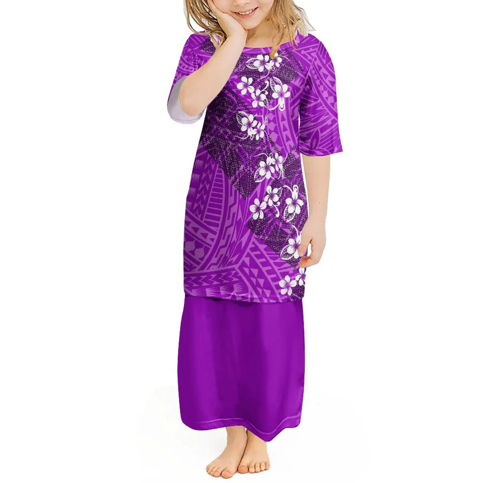 

2024 Fashion Girl Puletasi Dress Two-Piece Cozy Dress Set With Polynesian Island Art Pattern Custom 2-14t