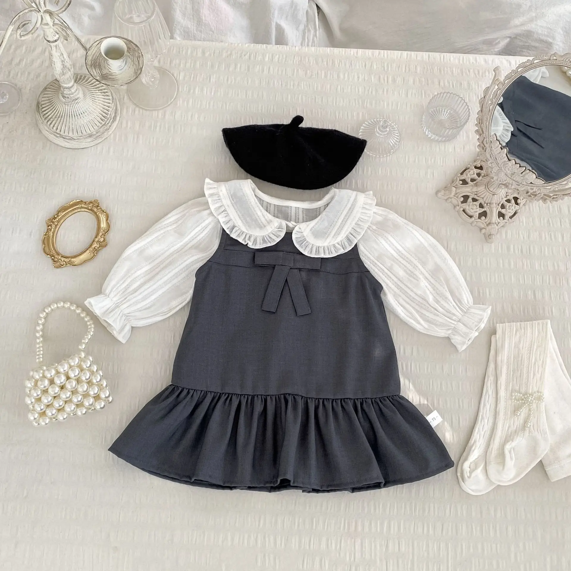 2026 New Girls' College Style Vest Dress Spring Women's Treasure Lapel Shirt Bow Dress Two-piece Set
