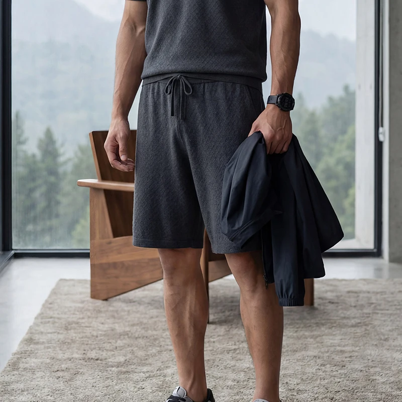 Men's Casual Business Short Sleeve Five Part Pants Spring Summer New 10% Cashmere 70% Mulberry Silk 20% Silky Wool Blend
