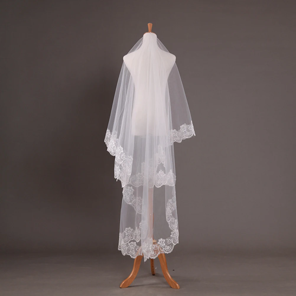 

Elegant Bridal Wedding Veil Long Lace Tulle Chiffon Handmade Floral Embroidery Applique Accessory For Bride Grace Dress