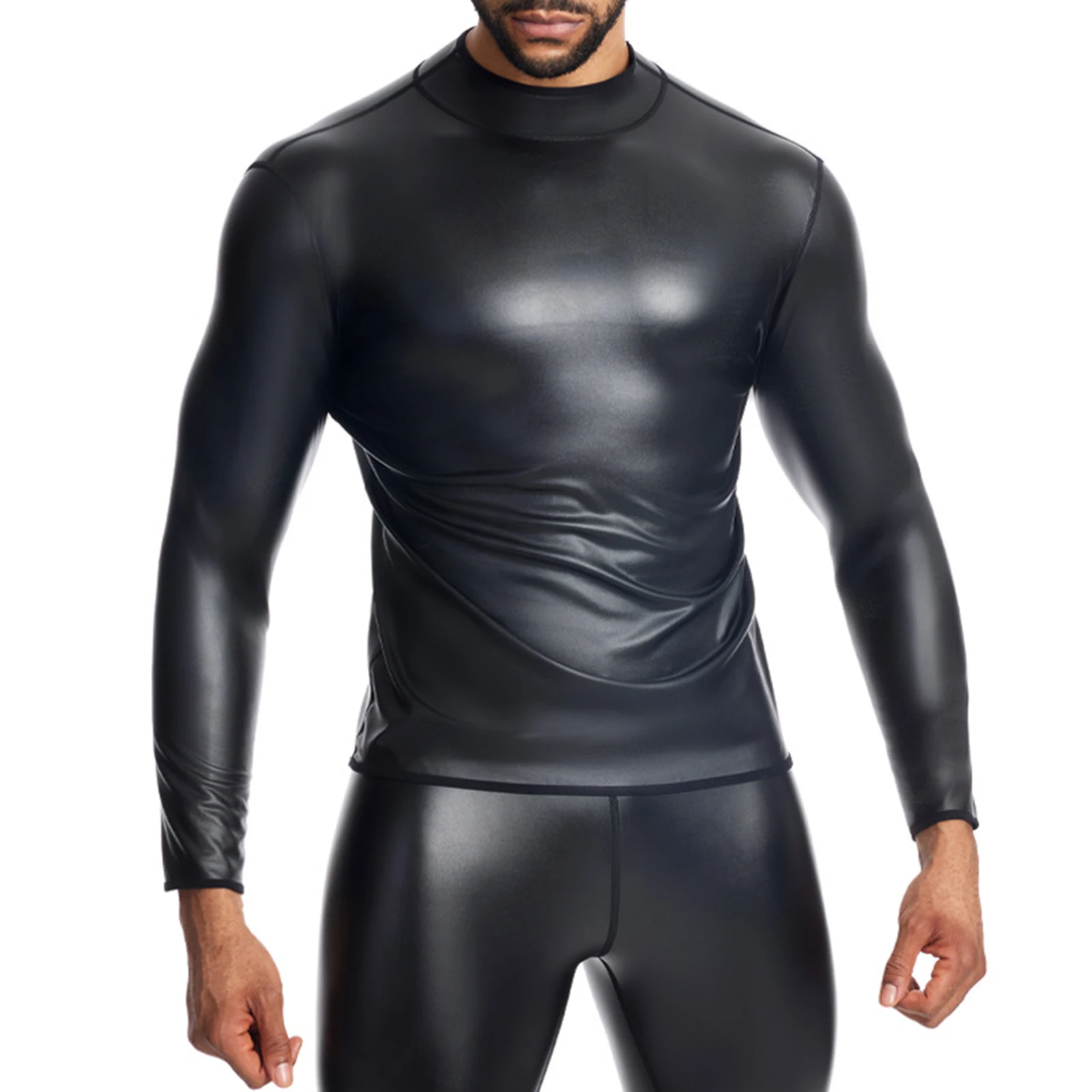 Mens Motorcycle Compression T-shirt Tops PU Leather Long Sleeve Stand Collar Windproof Stretchy Shirt Driving Fitness Clubwear