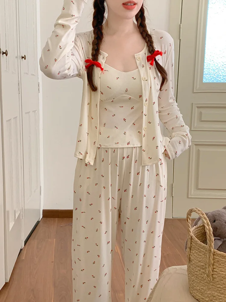 New Home Sweet Floral Rose Three-Piece Suit Sexy Autumn Long Sleeve Pajama Set Women Girlish Style Sweet Print Sleep Tops Ins