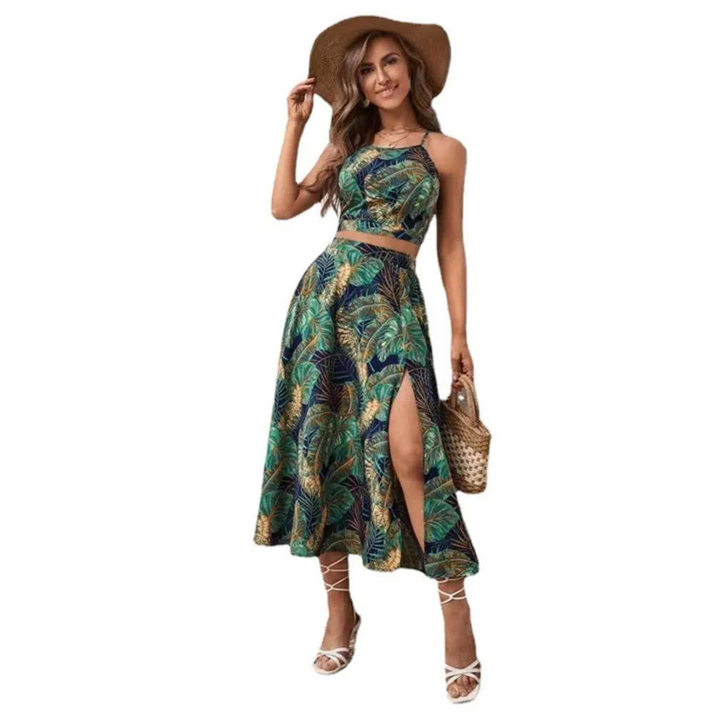 For Women\'s Summer Print Halter Dress Suit Fashion Sexy Split Dress Slim Elegant Women\'s Office Party Skirt Set