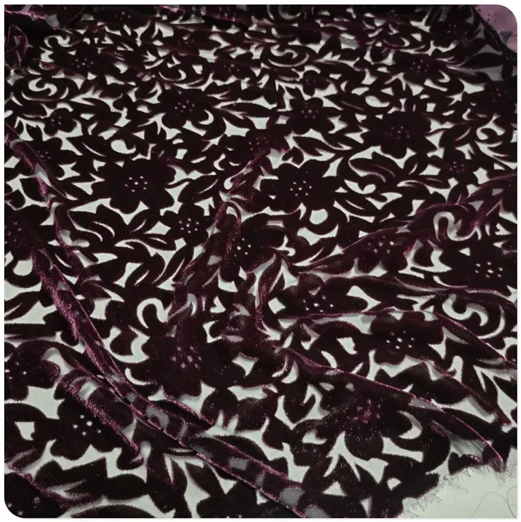 Burgundy Hollow Silk Velvet Mulberry Silk Base Cotton Velvet Fabric for Dresses, Qipao, Shirts, Short Sleeves, and Shawls