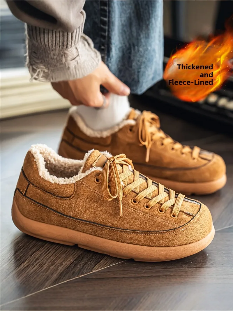 Men's Winter Thickened Fleece Lined Outdoor Casual Shoes Leather Fur Integrated Anti-slip Sport Cotton Shoes Warmth Preservation
