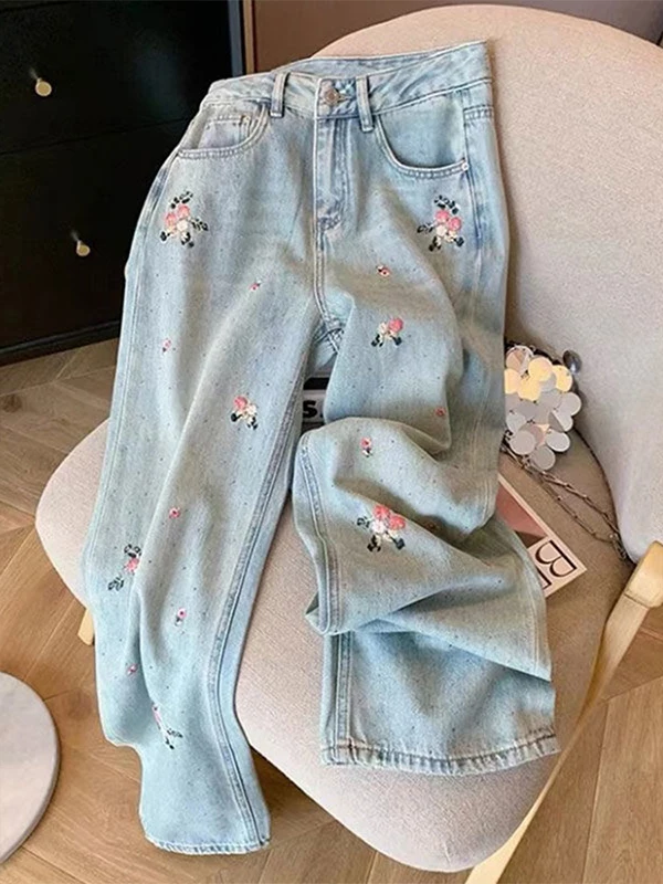 

Джинсы женские больших размеров с высокой талией, прямые, с вышивкой, широкие, длинные брюки в китайском стиле с цветочным узором, повседневные