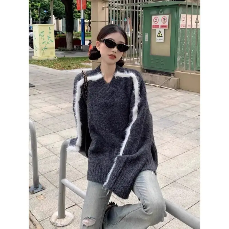 Sweater rajut longgar untuk wanita, Sweater rajut longgar gaya malas leher V lengan abu-abu cocok warna beludru Mink Musim Semi dan Gugur 2024