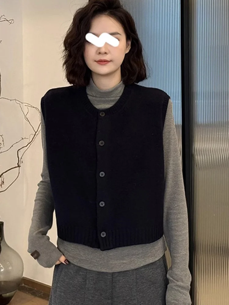 Koreaans anti-aging ontwerp Ronde neveld gebreide vest met één knoop, eenvoudig, veelzijdig, los, modieus laagjesvest