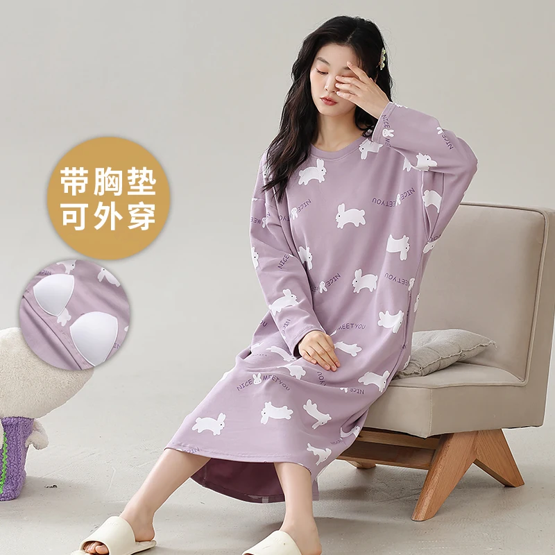 Spring and Autumn Women Long Sleeve Nightdress With Chest Pad Femme 100% Cotton Nightwear Casual Female Sleepdress