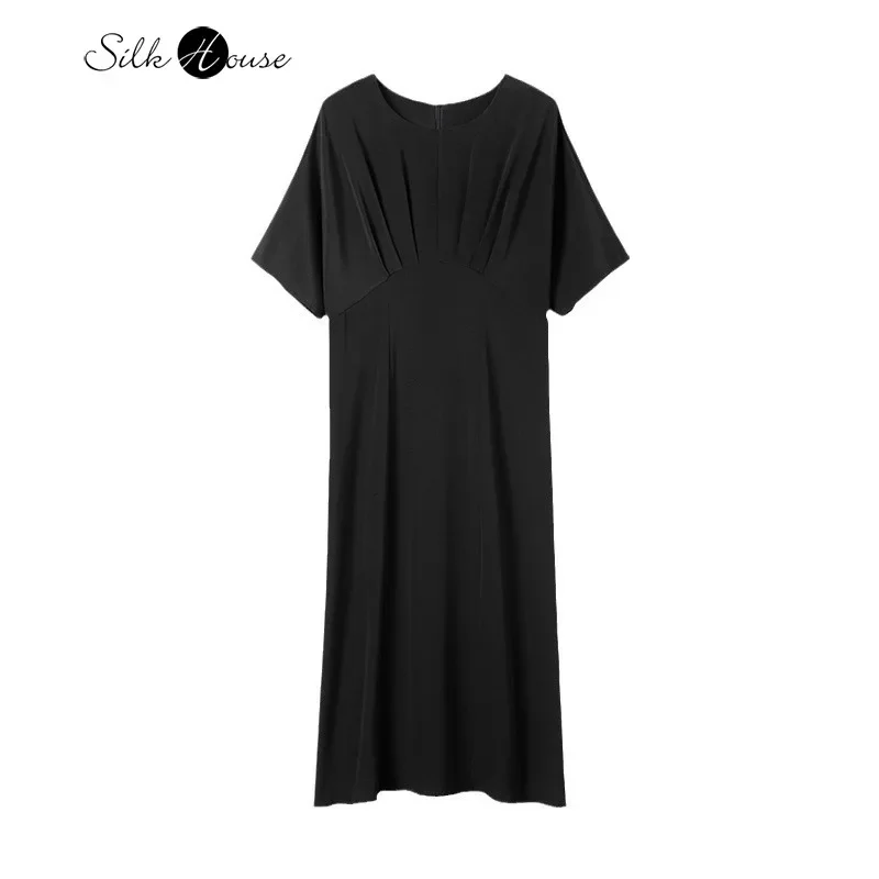 Heavy 93% Natural Mulberry Silk Elastic Satin Commuting Black Loose Women's Casual Round Neck Short Sleeved Dress